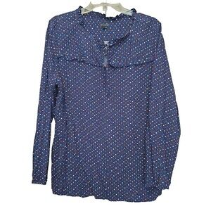 Talbots Rayon Blue Polka Dot Tie-Neck Pleated Collar Long Sleeve Blouse Size XL